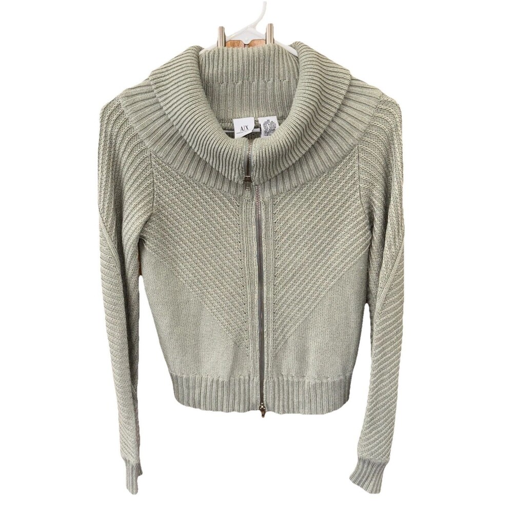 Armani Exchange Women Sweater M Full Double Zip Green Long Sleeve Vintage Ribbed
